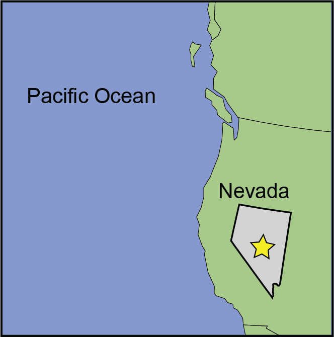 Map showing the location of Nevada in the United States, Berlin-Ichthyosaur State Park is shown with a star in the middle of the state of Nevada.