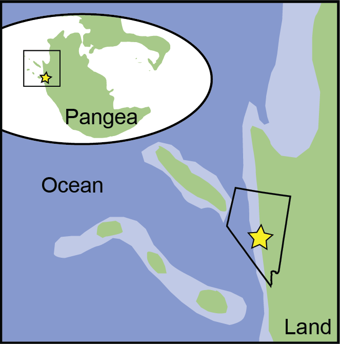 Map showing that 230 million years ago much of what is now western North America was covered by the ocean, including much of the state of Nevada.